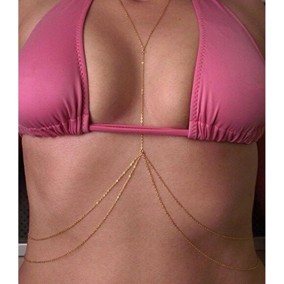 14K Chain Gold Plated Body Chain Women Layered Rhinestone Bikini Bra Jewelry - Picture 5 of 7